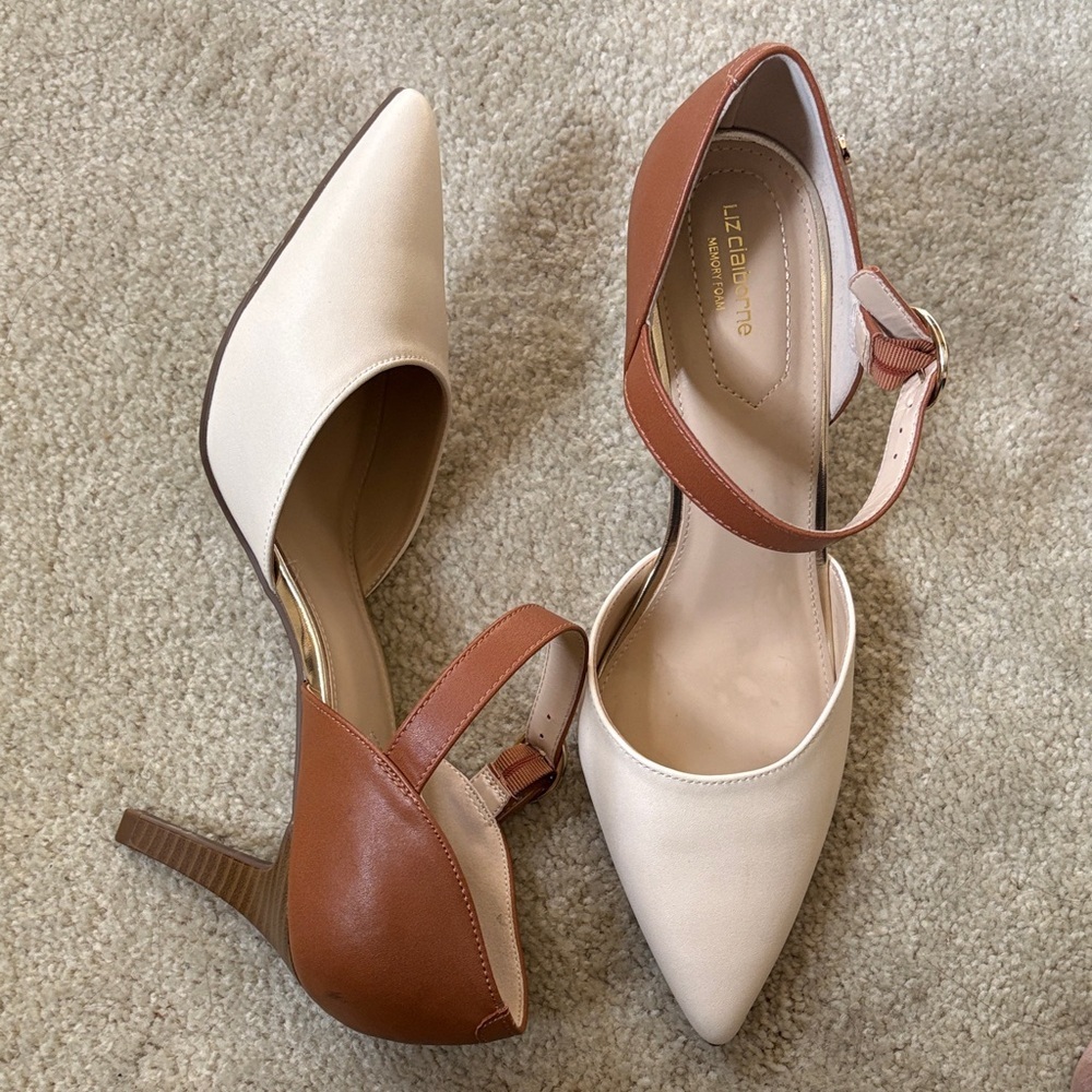 Liz Claiborne “Kiara” Cream and Tan 4 Inch Heels with Side Buckle-Size-11W